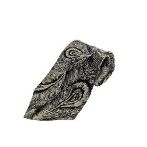 Steven Land Black & off white peacock feather print abstract silk necktie tie